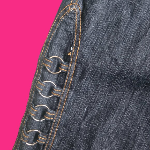 Y2K Bootcut Jeans Dark Wash metal Rings Size XL Stretch Grunge Punk 2000s - Picture 5 of 11